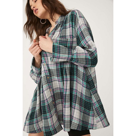 Free People Dresses & Skirts - Free People Voyage Shirt Dress Small Plaid Oversized Cotton Gauze Tunic Top